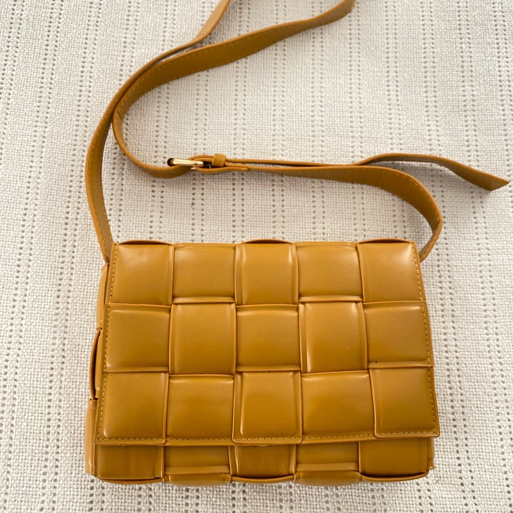 Inspired Mustard Yellow Intrecciato Woven Leather Crossbody Bag